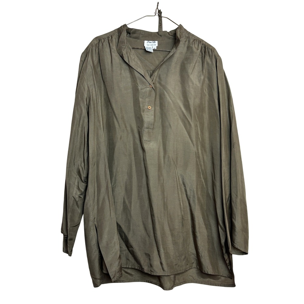 Vintage 90s y2k Pure Silk Olive Green Long Sleeve Flowy Chic Tunic Blouse Top 18